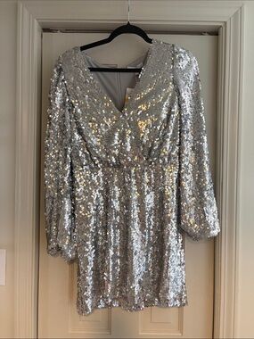Wayf Silver Sequin Long Sleeve V-Neck Dress